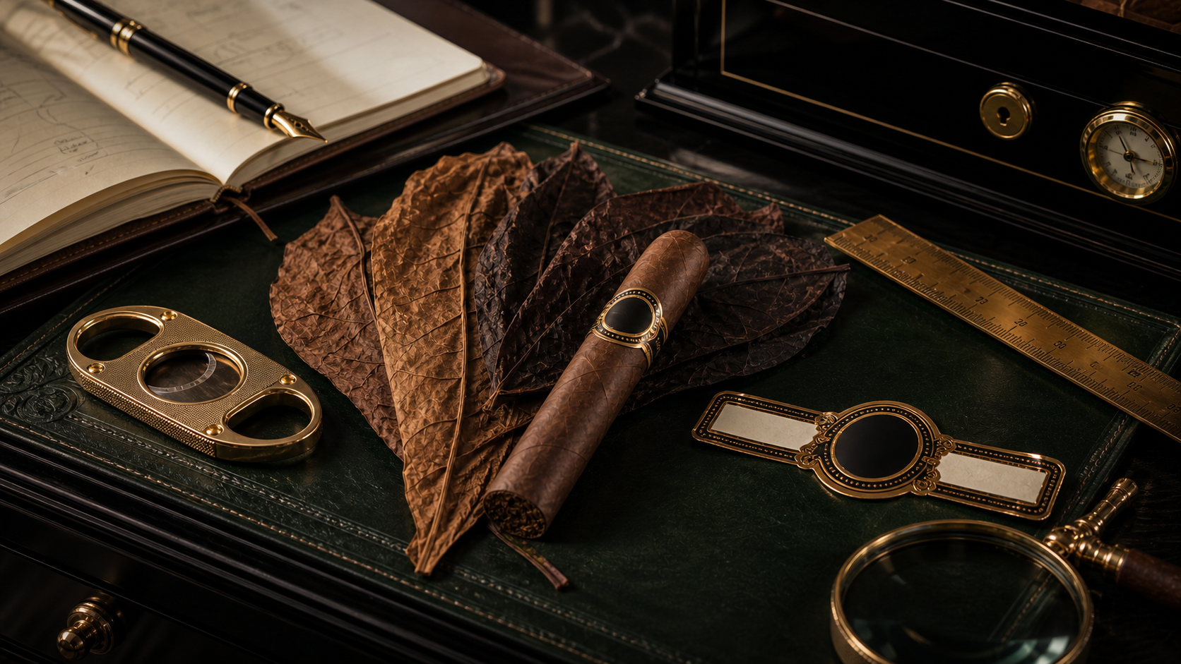 Luxury cigar education atelier with wrapper leaves and a tasting notebook