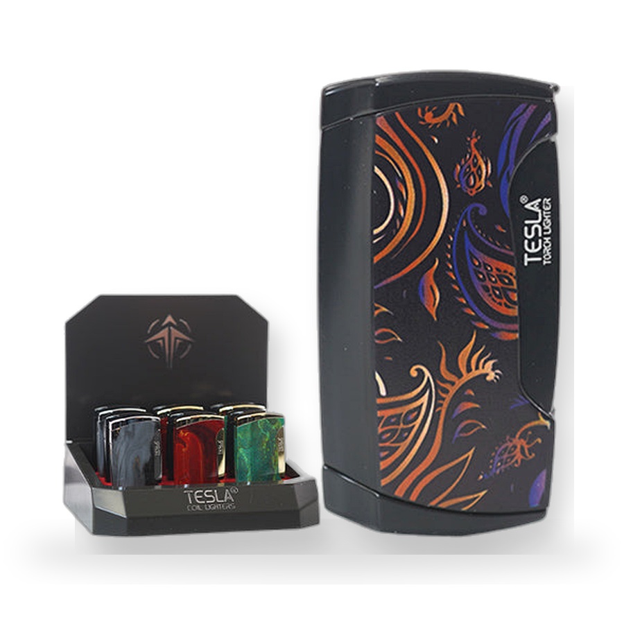 TESLA 2 TONE DBL FLAME W/CIGAR PUNCH DISPLAY cigar lighter with Display unit